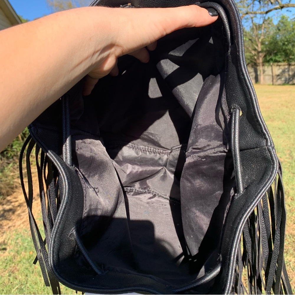 Victoria’s Secret Black Faux Leather Fringe Bucket Bag Backpack Purse - Picture 9 of 12